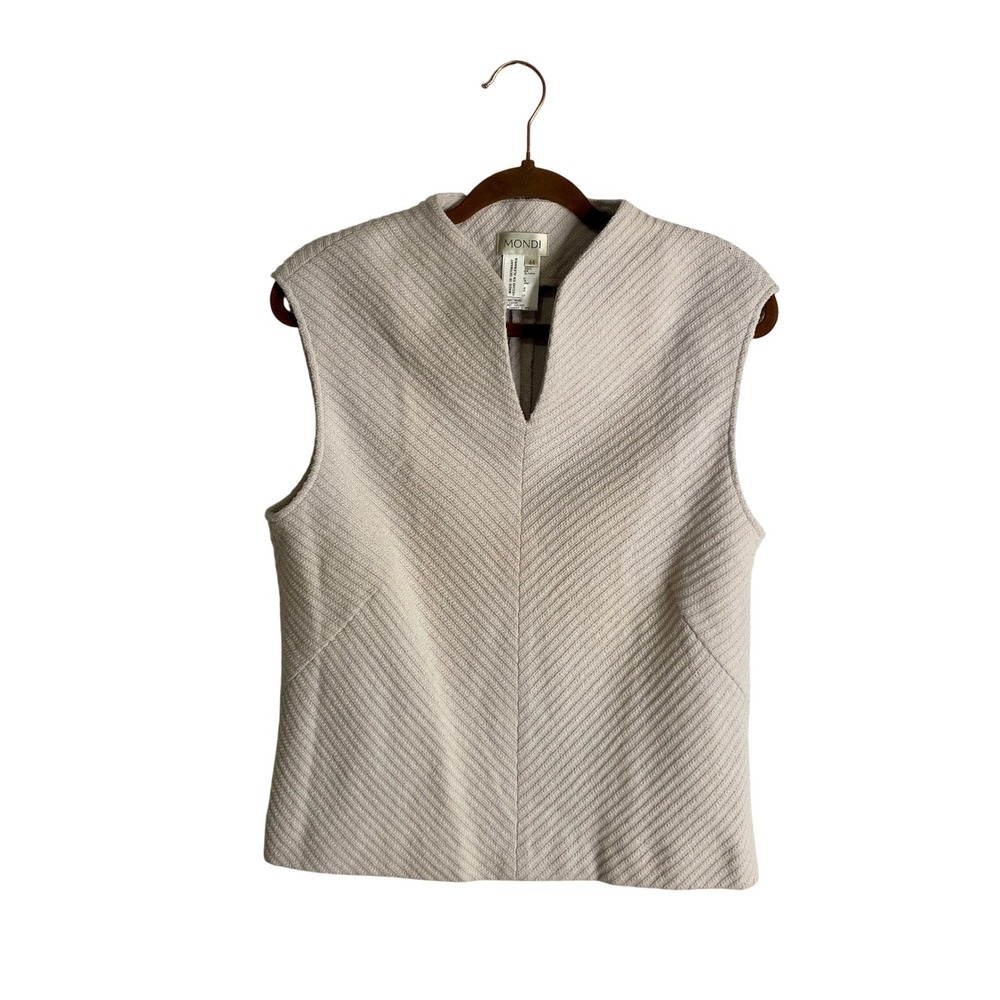 Mondi Wool Alpaca Vest Top Cream Chevron Knit Notch Neck Minimalist Vintage 44